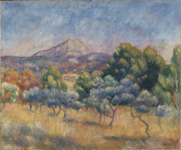 Mont Sainte-Victoire, the violet-grey mountain above low ridges with olive trees in the foreground – hand-painted oil reproduction of Renoir’s painting