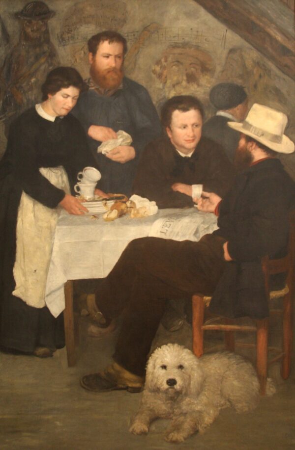 Mother Anthony’s Tavern, guests at a white-clothed table with a white poodle on the floor – hand-painted oil reproduction of Renoir’s painting