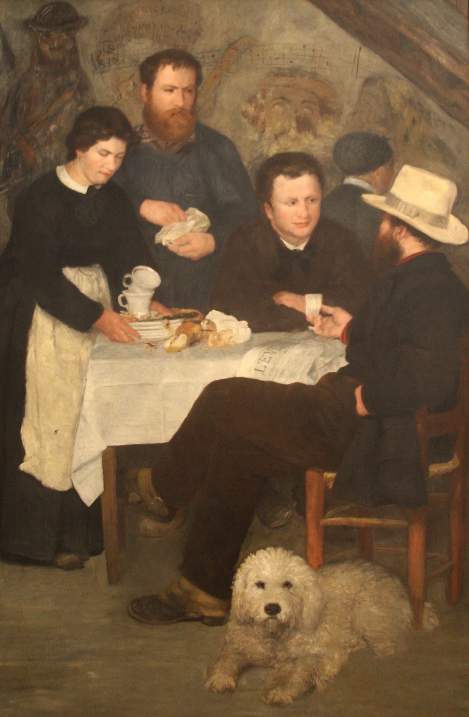 Mother Anthony’s Tavern, guests at a white-clothed table with a white poodle on the floor – hand-painted oil reproduction of Renoir’s painting