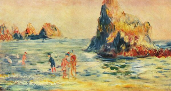 Moulin Huet Bay, Guernsey, a wide bay with a rock stack at the right and bathers in the shallows – hand-painted oil reproduction of Renoir’s painting