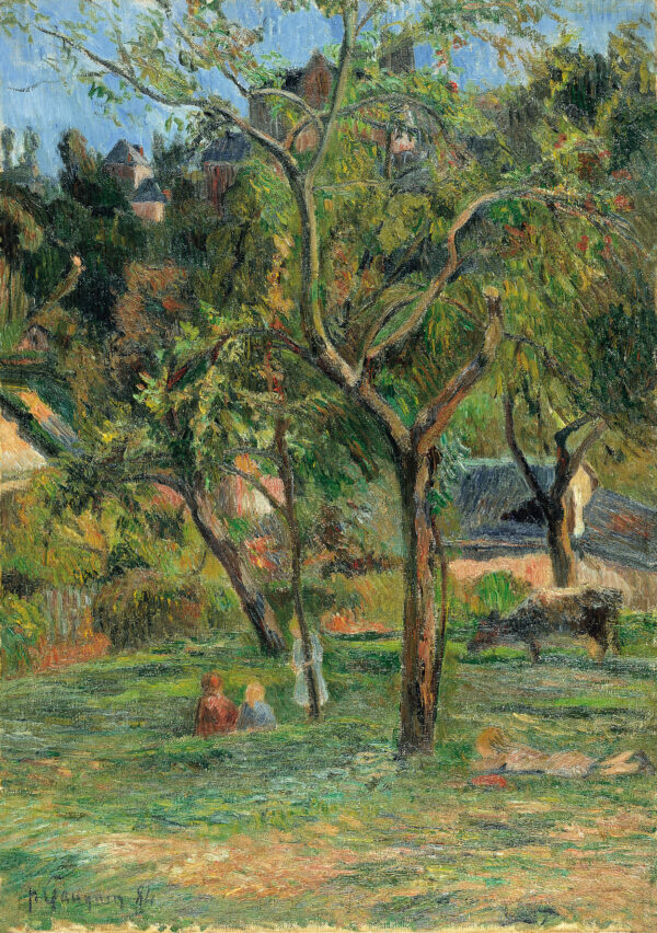 Paul Gauguin – Ein Obstgarten unterhalb der Kirche von Bihorel, zwei Obstbäume über die ganze Höhe, winzige Gestalten im Gras, rechts ein niedriges Gebäude, berühmte Gemälde