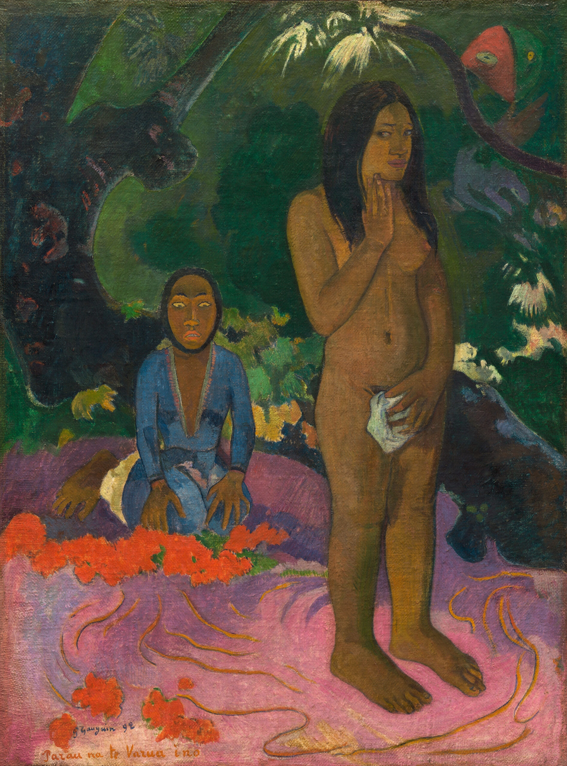 Paul Gauguin – Parau na te Varua ino (Worte des Teufels), eine stehende Gestalt auf rosa Fläche, am Rand eine kauernde Gestalt in Blau, die ihr zusieht, Kunstwerke auf Leinwand