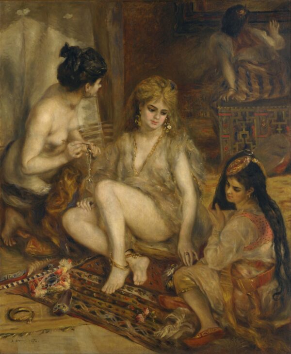 Parisiennes in Algerian Costume, three women on a patterned carpet in a Paris interior – hand-painted oil reproduction of Renoir’s painting