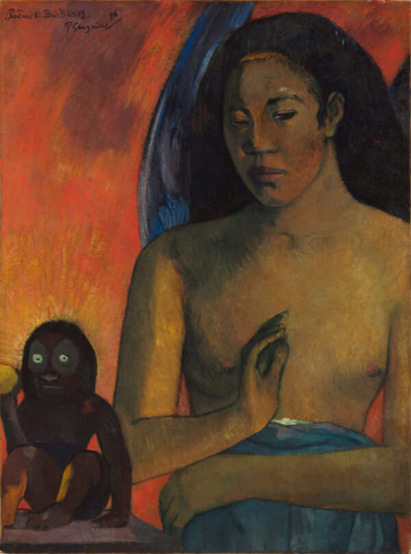 Paul Gauguin – Poèmes barbares (Barbarische Gedichte), eine sitzende Frau vor rotem Grund, neben ihr eine kleine dunkle Gestalt mit hellen Augen, Museumsqualität