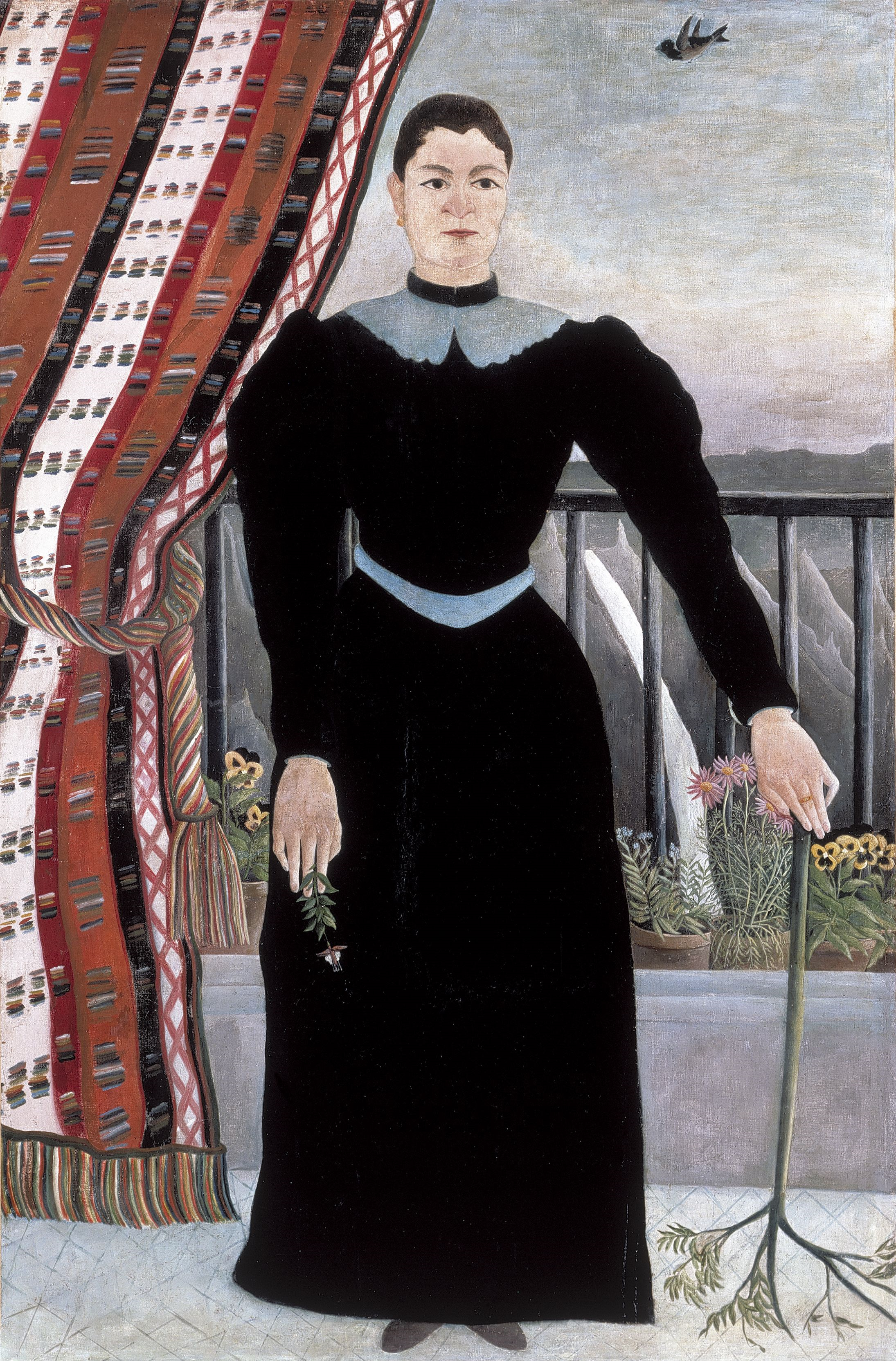 Portrait of a Woman, Henri Rousseau – a woman in a long black dress with a pale blue collar stands on a balcony, a patterned drapery at the left and a tall pink-flowered stem at the right