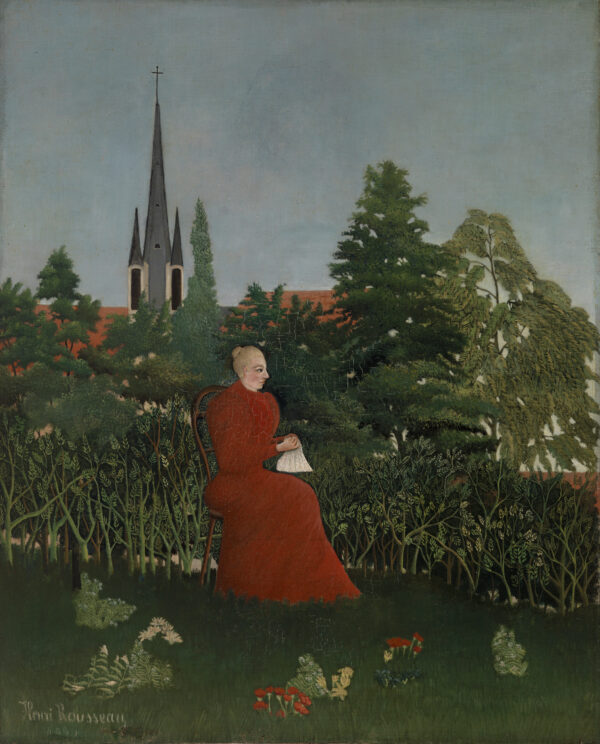 Henri Rousseau, Porträt einer Frau in einer Landschaft, 1899 - eine Frau in rostrotem Kleid sitzt im Profil vor einer Hecke, links ein Kirchturm mit Kreuz