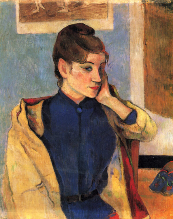 Paul Gauguin – Bildnis der Madeleine Bernard, eine sitzende junge Frau im blauen Oberteil, mit gelbem Mantel über den Schultern, Museumsqualität