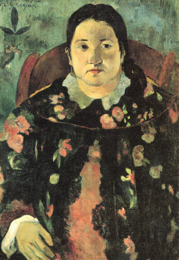 Paul Gauguin – Bildnis der Suzanne Bambridge, eine sitzende Frau in langem dunklem Blumenkleid vor einer blaugrünen Wand, handgemaltes Leinwandgemälde