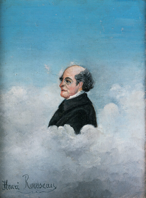 Ritratto del padre dell’artista, Henri Rousseau 1905 – testa e spalle di un uomo anziano di profilo emergono da un banco di nubi bianche sotto un cielo più azzurro