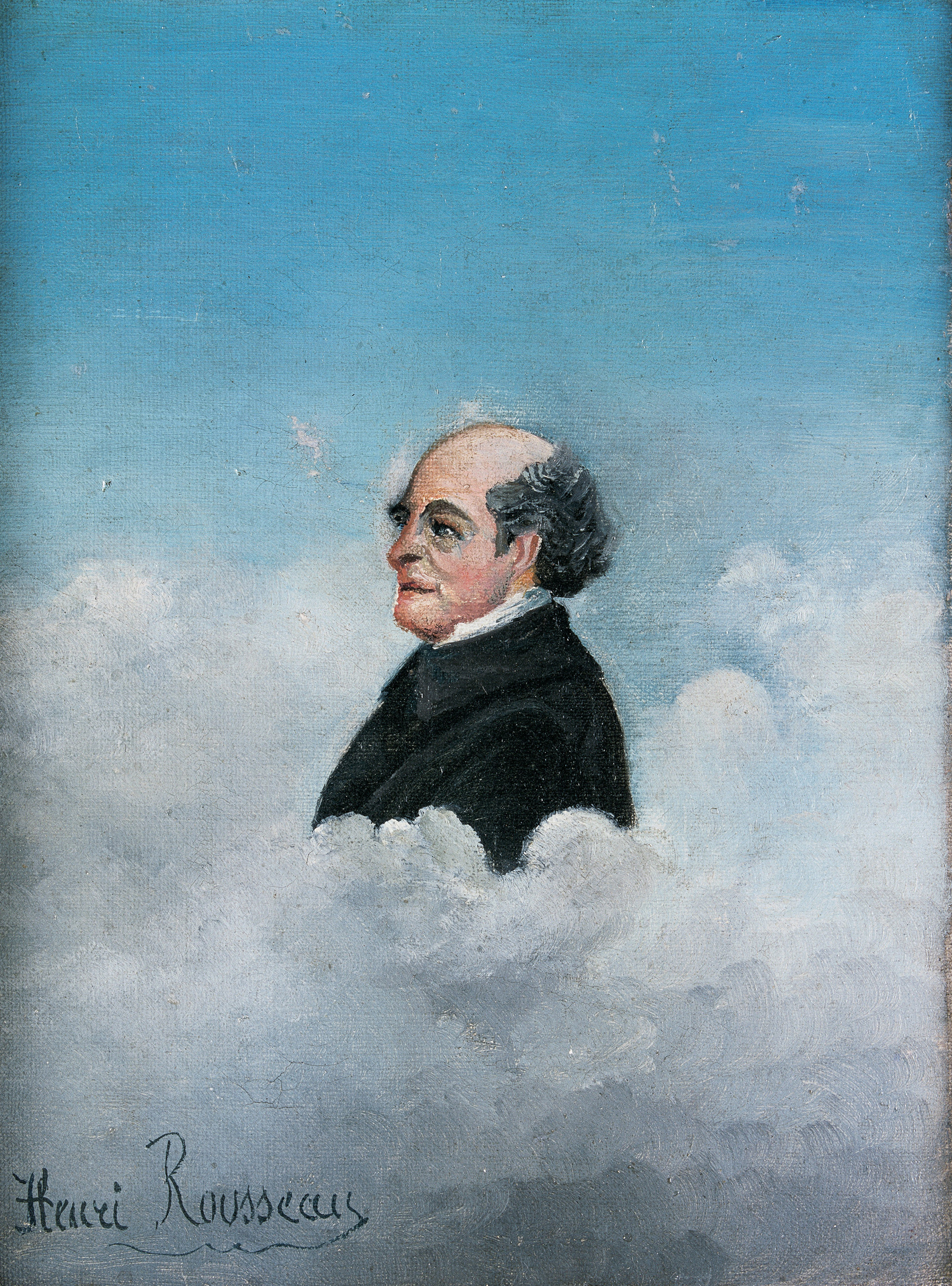 Portret očeta umetnika, Henri Rousseau 1905 – glava in ramena starejšega moškega v profilu se dvigata iz bele oblačne gmote pod modrim nebom