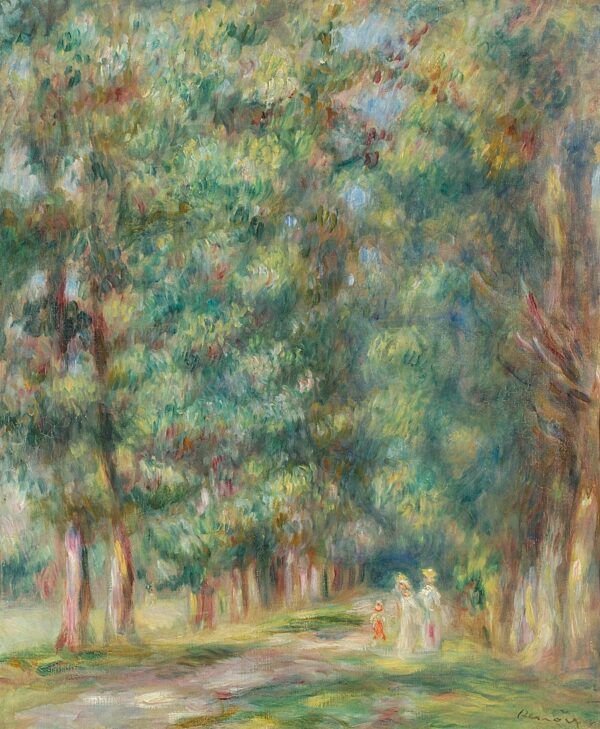 Promenade Undergrowth, dense green foliage above a path with three tiny figures – hand-painted oil reproduction of Renoir’s painting