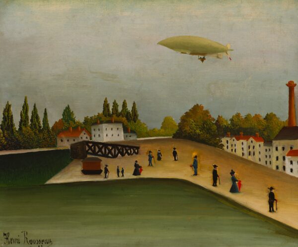 Quai d’Ivry, Henri Rousseau 1907 – walkers on an ochre embankment beside a green river, an airship above them and a factory chimney at the right