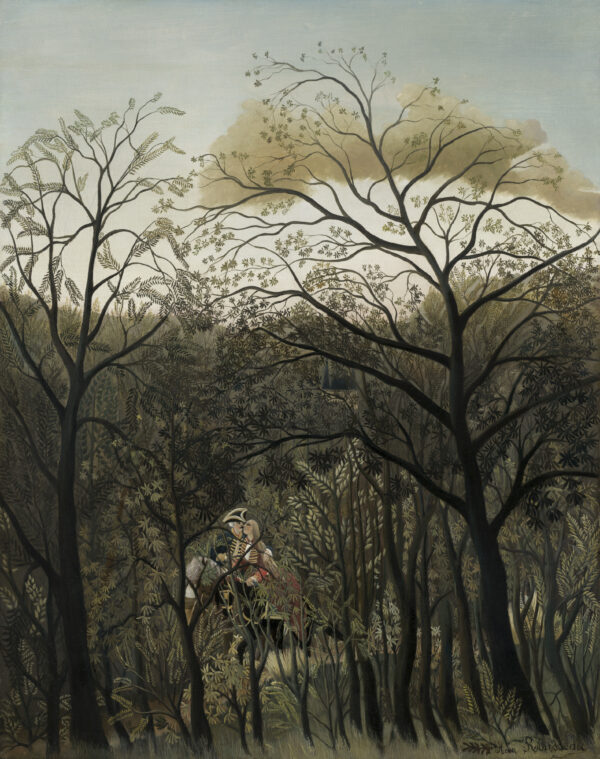 Henri Rousseau, Rendezvous im Wald, 1889 - ein Paar in Kostümen des 18. Jahrhunderts zwischen dünnen Zweigen eines Herbstwaldes, links der Kopf eines weißen Pferdes