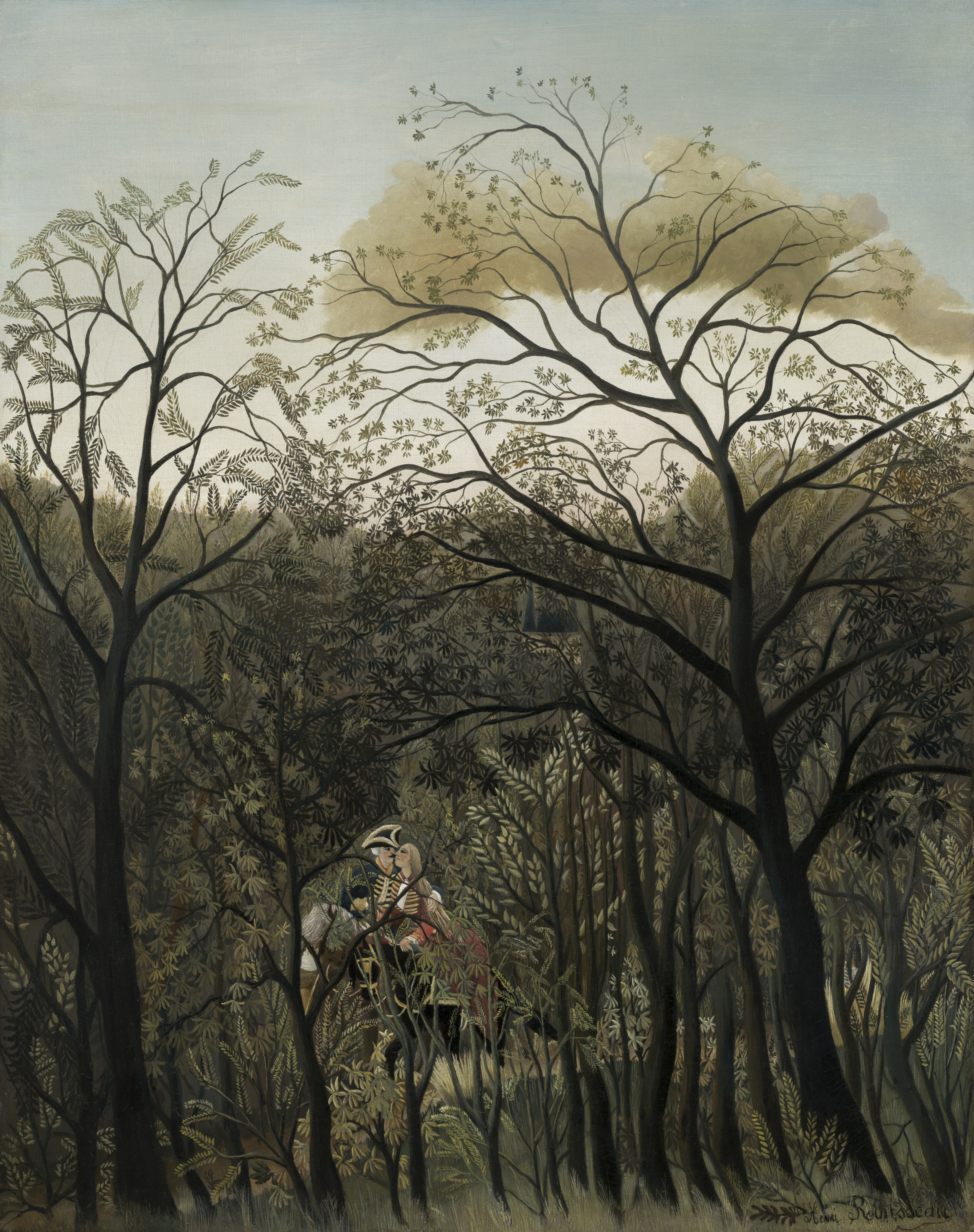 Henri Rousseau, Rendezvous im Wald, 1889 - ein Paar in Kostümen des 18. Jahrhunderts zwischen dünnen Zweigen eines Herbstwaldes, links der Kopf eines weißen Pferdes