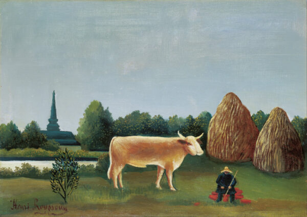 Prizor u Bagneuxu na rubu Pariza, Henri Rousseau 1909. – krem krava na livadi pred dva plasta sijena i sjedećom prilikom sa slamnatim šeširom