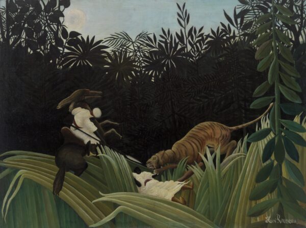 Henri Rousseau, Tigris támadta felderítők, 1904 - tigris ugrik a fehér egyenruhás felderítőre, a ló ágaskodik, sápadt hold a fekete pálmák fölött