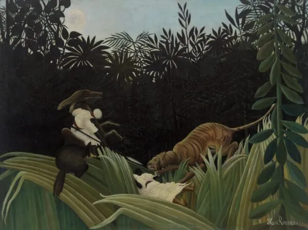 Henri Rousseau, Izviđači koje napada tigar, 1904. - tigar skače na izviđača u bijeloj odori, konj se propinje, blijedi mjesec iznad crnih palmi
