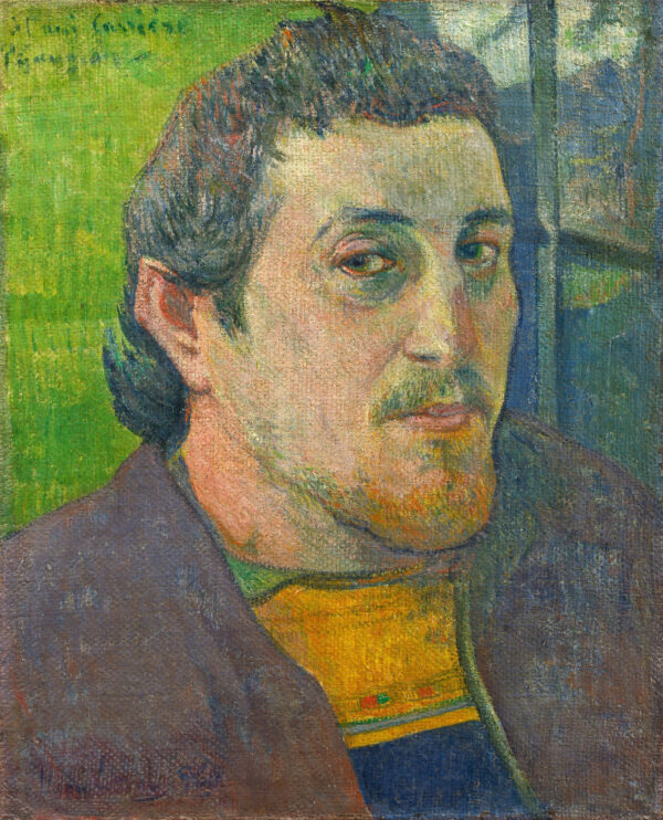 Paul Gauguin – Carrière-nek ajánlott önarckép, a festő feje és válla egy zöld és egy kékesszürke felület előtt, műalkotás vászonra