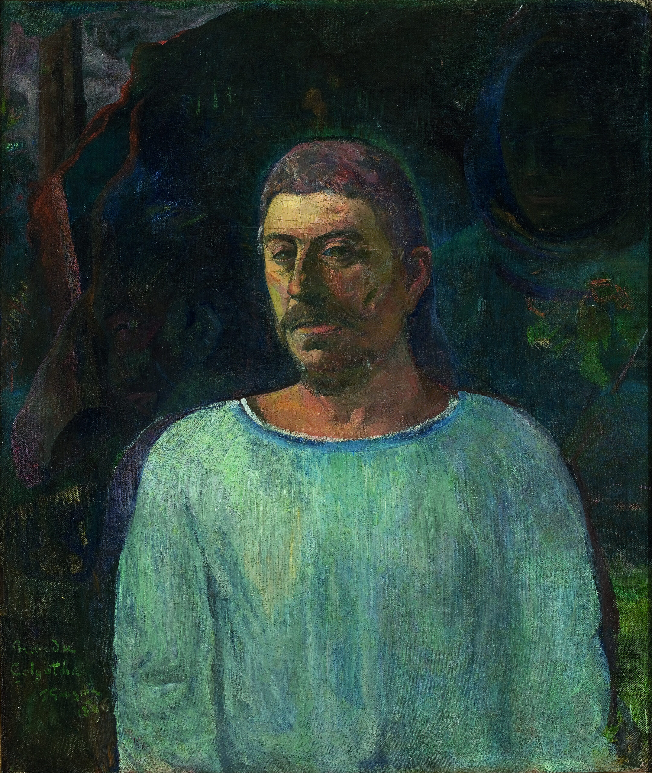 Paul Gauguin – Selbstbildnis (nahe Golgatha), der Maler als Halbfigur in hellem Hemd vor dunklem blaugrünem Grund, Leinwandgemälde fürs Wohnzimmer