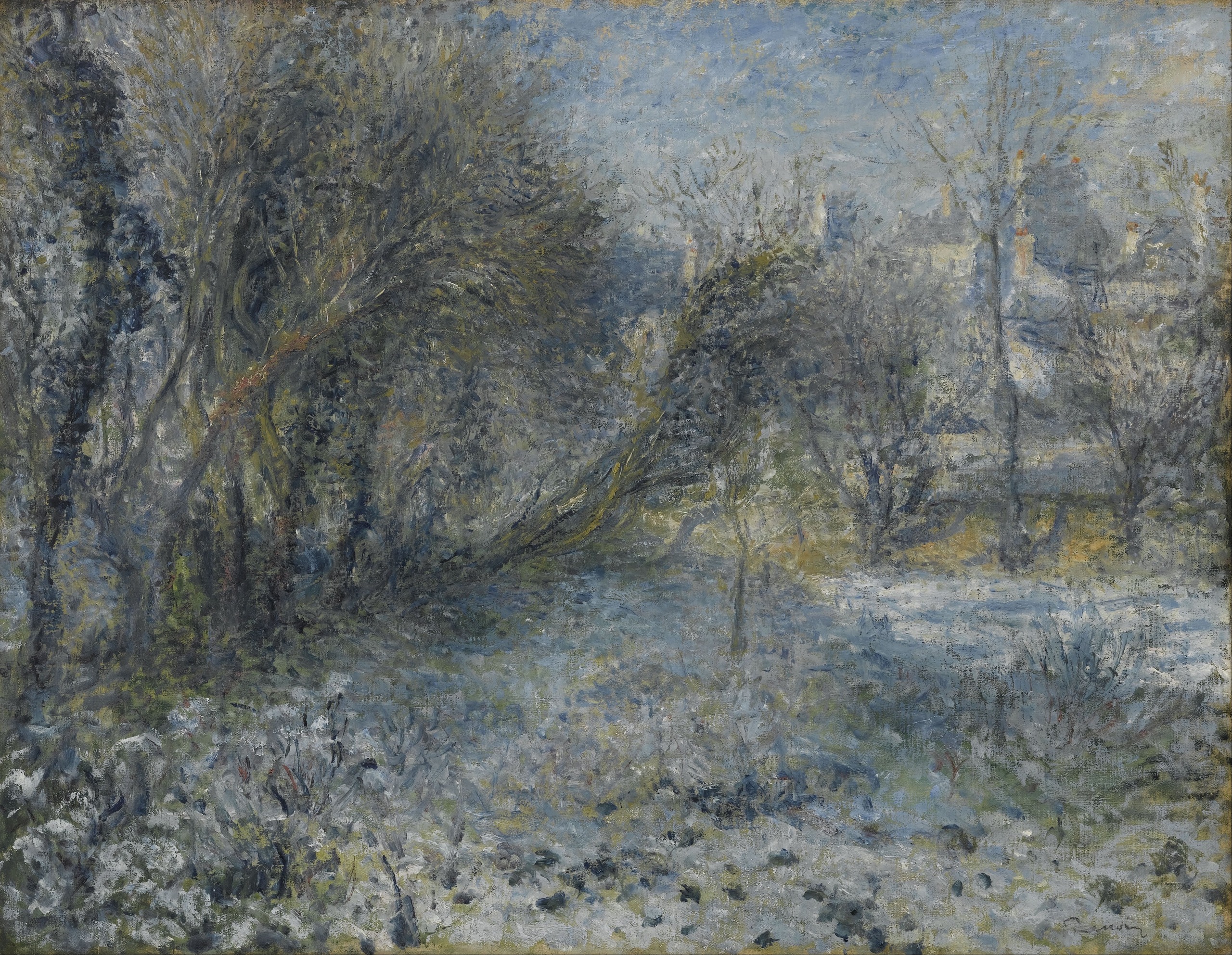 Snow-covered Landscape, a snowy slope with bare trees and houses beyond – hand-painted oil reproduction of Renoir’s painting