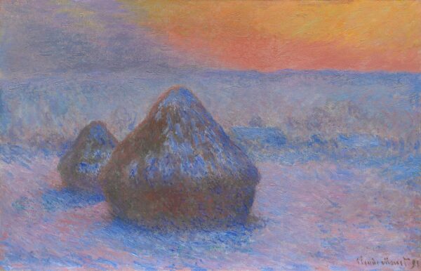 Claude Monet – Getreideschober (Sonnenuntergang, Schnee) – handgemaltes Ölgemälde, Reproduktion auf Leinwand