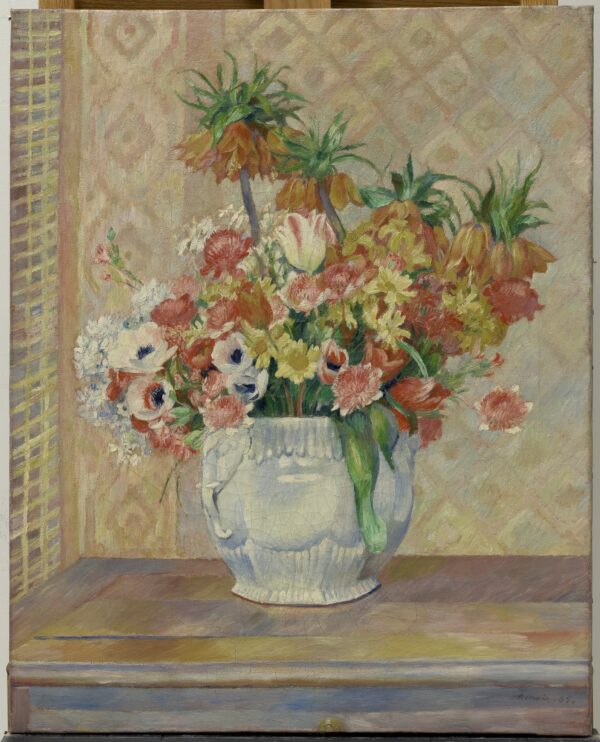 Still Life: Flowers, a dense bouquet of anemones and crown imperials in a white ribbed vessel – hand-painted oil reproduction of Renoir’s painting