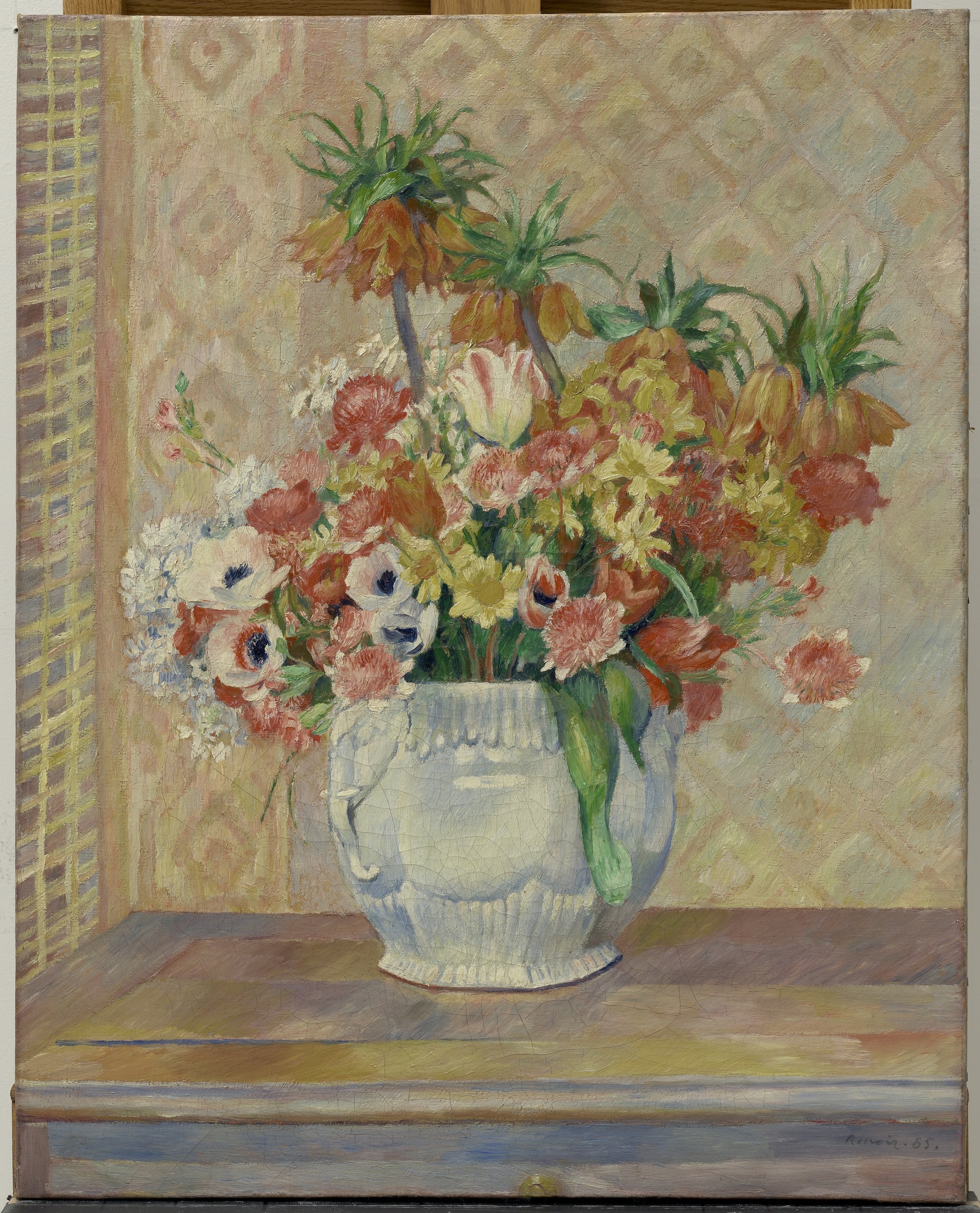 Stillleben mit Blumen, dichter Strauß aus Anemonen und Kaiserkronen in einem weißen gerippten Gefäß – handgemalte Ölreproduktion nach Renoirs Gemälde