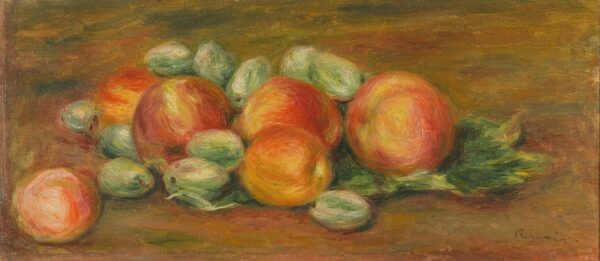 Still Life with Apples and Almonds, five red-orange apples and pale green almonds on a narrow canvas – hand-painted oil reproduction of Renoir’s painting