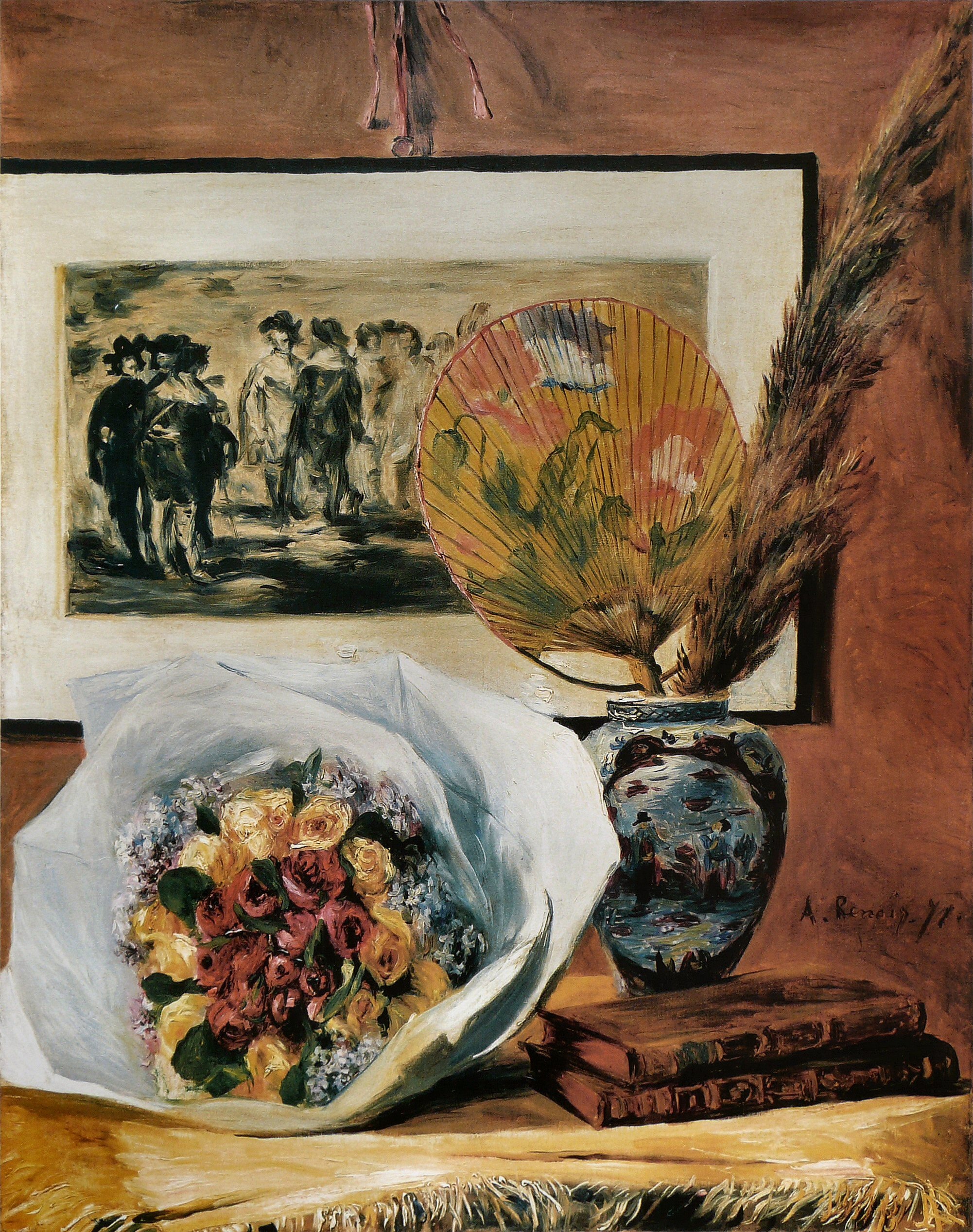 Natura morta con bouquet e ventaglio, rose avvolte in carta bianca, vaso bianco e blu e ventaglio giapponese – riproduzione a olio dipinta a mano del quadro di Renoir