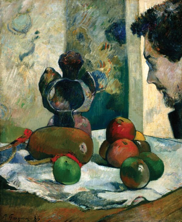Paul Gauguin – Stillleben mit dem Profil Lavals, ein Stillleben mit Früchten und dunklem Gefäß, am Rand das Profil eines Malers, Ölgemälde