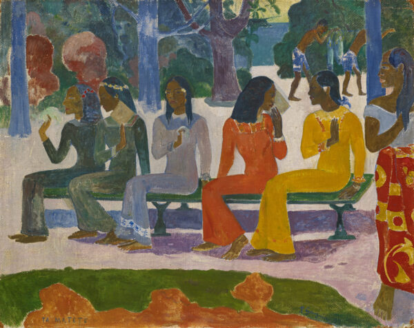 Paul Gauguin – Ta matete (Der Markt), fünf Frauen in einer Reihe auf einer grünen Bank, jede im Profil, mit hellen Fächern vor sich, Gemäldereproduktion