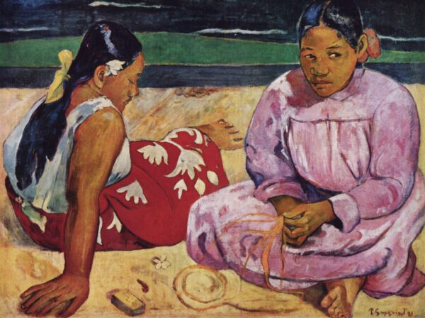 Paul Gauguin – Tahitianische Frauen am Strand, zwei tahitianische Frauen im Sand, links im roten Pareu, rechts im rosa Missionskleid mit einem Geflecht, Kunstwerke auf Leinwand