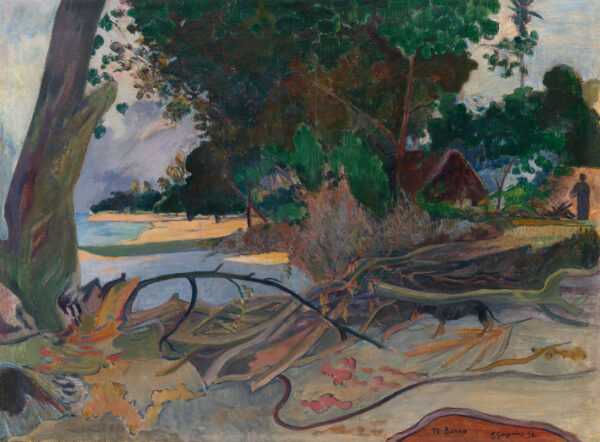Paul Gauguin – Te burao (Der Hibiskusbaum), ein mächtiger Stamm links, ein gefällter Baum quer durch die Mitte, davor geschlagene Äste und ein, Leinwandgemälde fürs Wohnzimmer