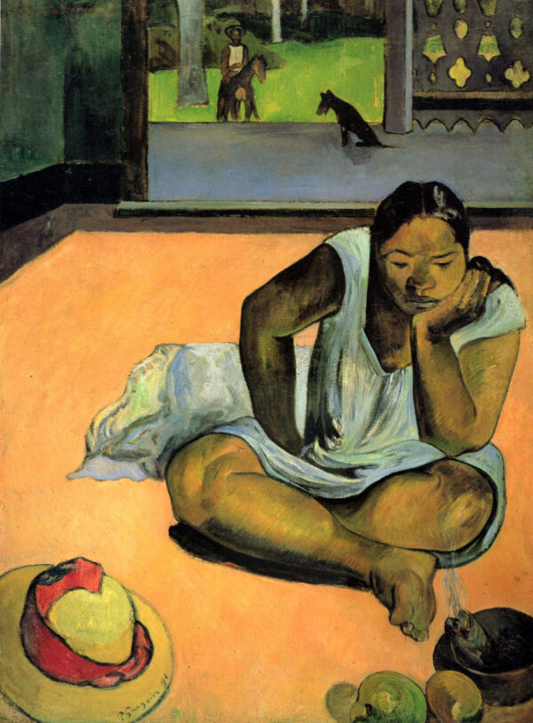 Paul Gauguin – Te faaturuma (Die Nachdenkliche), eine auf orangefarbenem Boden sitzende Frau, im Hintergrund ein Reiter und ein Hund, Kunstwerke auf Leinwand