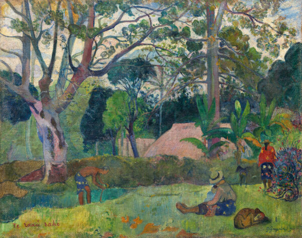 Paul Gauguin – Te raau rahi (Der große Baum), ein großer Baum über die ganze Höhe, davor eine Grasfläche mit winzigen Gestalten, Museumsqualität