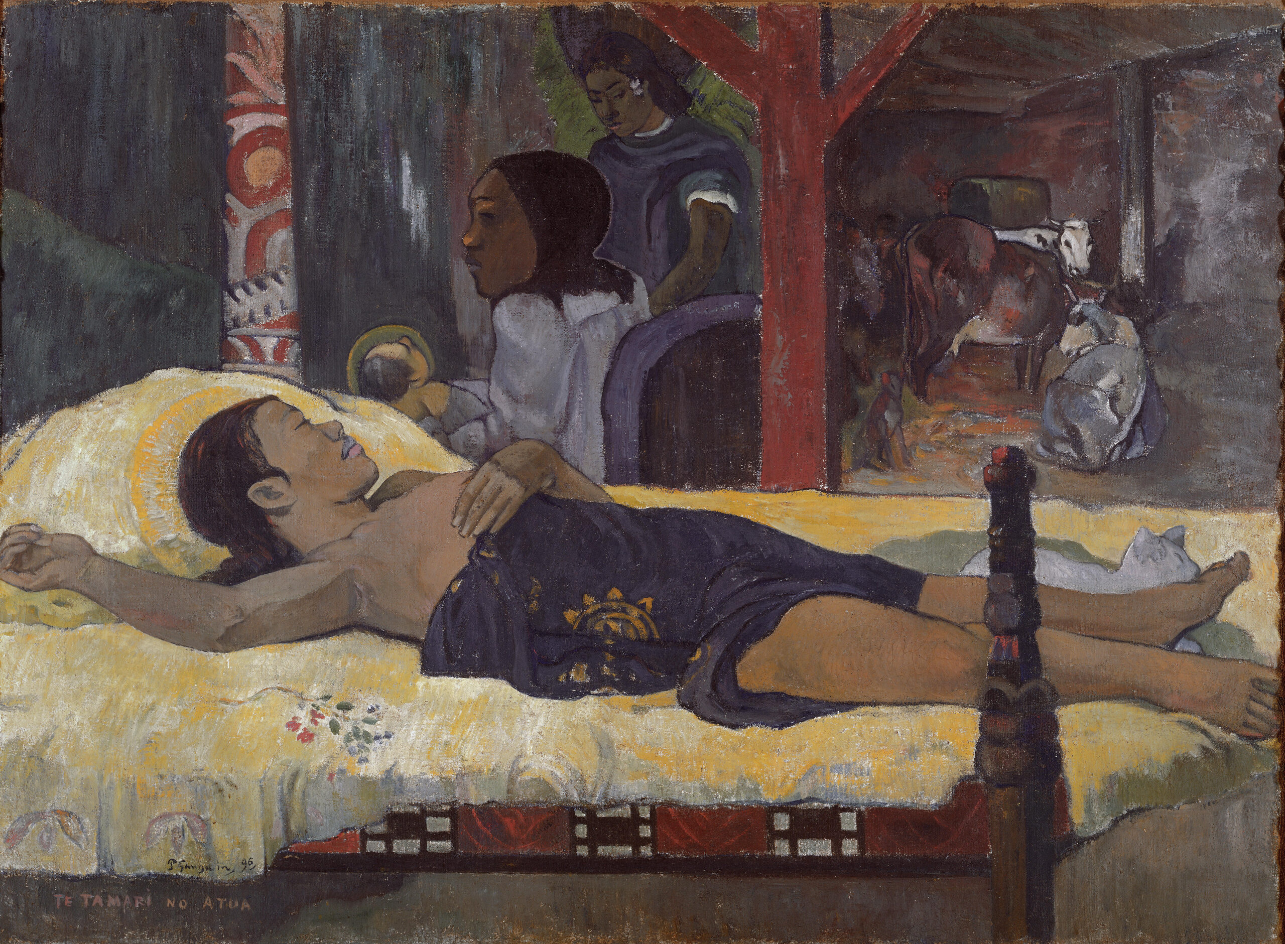 Paul Gauguin – Die Geburt (Te tamari no atua), eine liegende Frau auf gelbem Lager, dahinter eine Gestalt mit Kind und ein Stall, Gemälde auf Leinwand