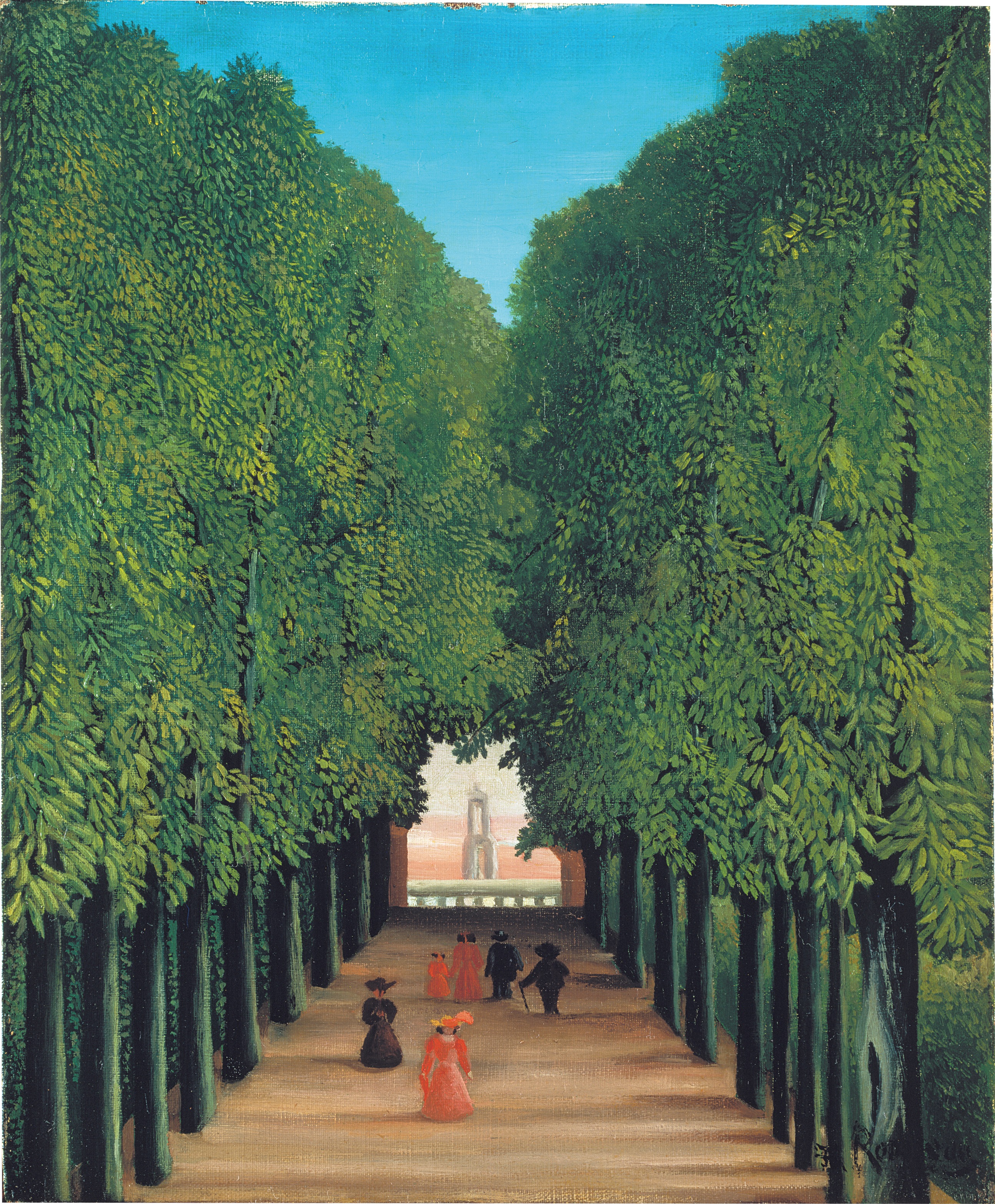 Henri Rousseau, The Avenue in the Park at Saint-Cloud, c. 1908 - two rows of tall trees converging towards the centre, tiny figures walking on a sandy path