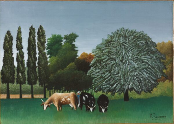 Die Ufer der Oise, Henri Rousseau 1907 – drei Rinder weiden auf der Wiese vor einer Pappelreihe und einer großen runden Krone