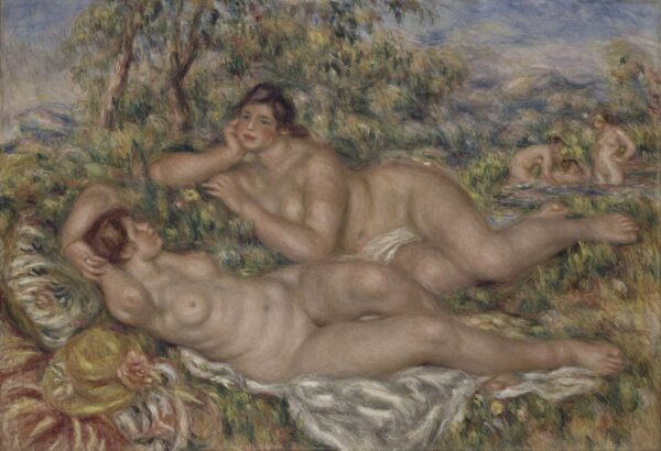 The Bathers, two reclining figures on a white cloth in a meadow – hand-painted oil reproduction of Renoir’s painting