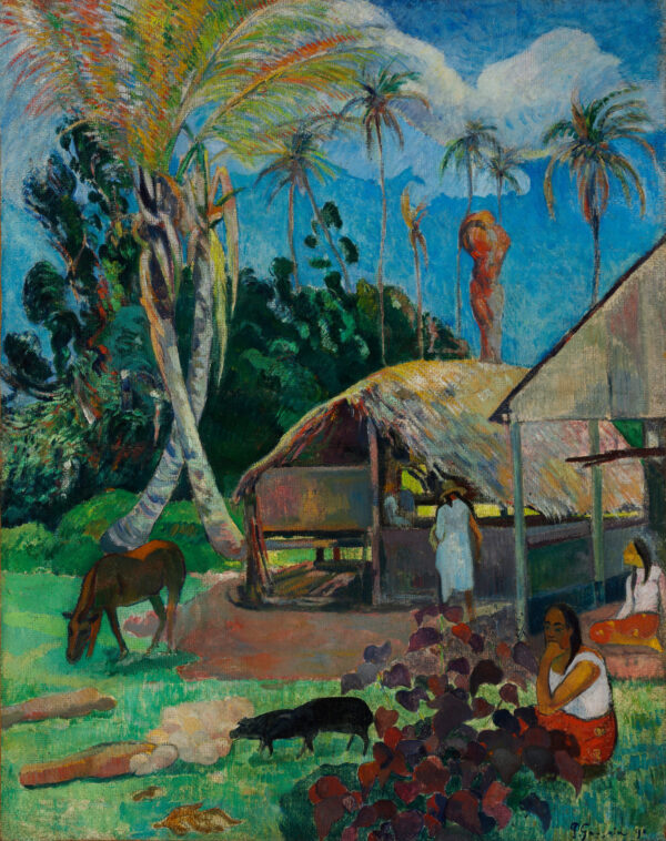 Paul Gauguin – Die schwarzen Schweine, ein tahitischer Hof mit Strohunterstand, zwei schwarzen Schweinen und sitzenden Gestalten, Gemäldereproduktion