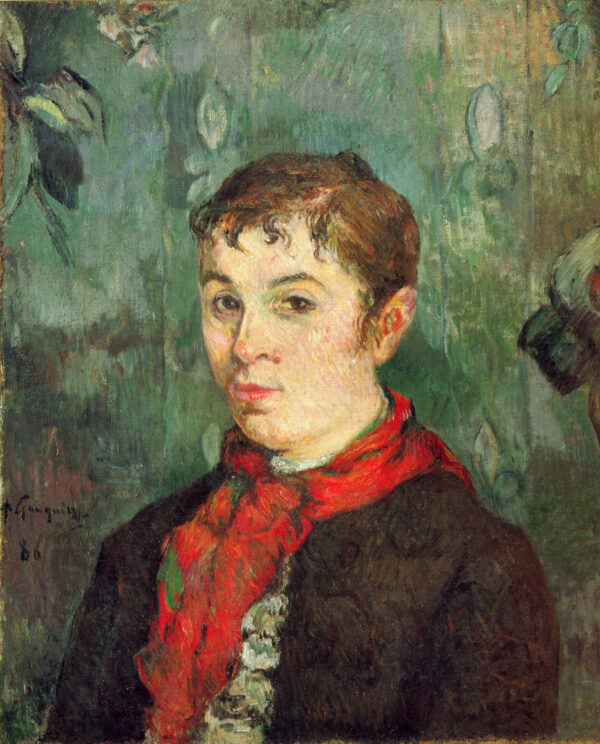 Paul Gauguin – Die Tochter des Wirts, Bildnis einer jungen Frau mit rotem Tuch vor einer geblümten Tapete, berühmte Gemälde