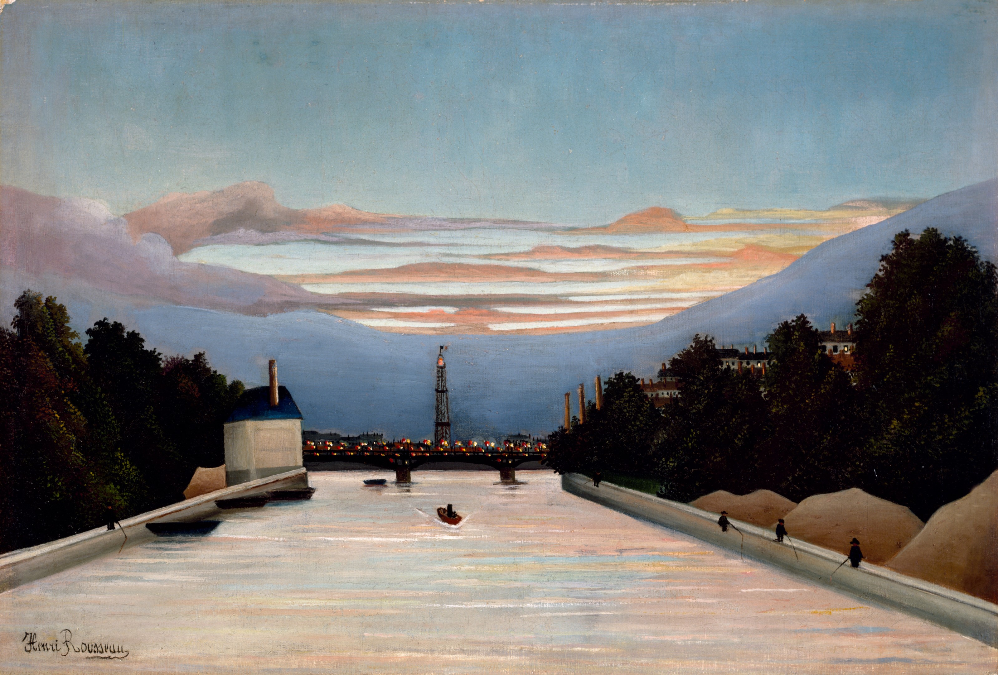 Az Eiffel-torony, Henri Rousseau 1898 – halvány folyó alkonyatkor, lámpákkal megvilágított híd és mögötte karcsú rácsos torony, jobbra három horgász a parton