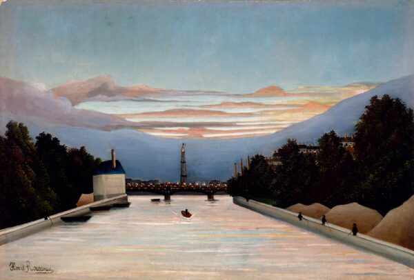 Eifflov stolp, Henri Rousseau 1898 – bleda reka ob mraku, osvetljen most in za njim vitek rešetkast stolp, desno trije ribiči na nabrežju