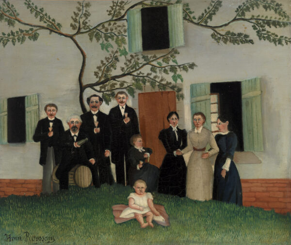 Henri Rousseau, Die Familie, um 1892–1900 - eine Familie in einer Reihe vor geweißter Wand, ein Holzfass zwischen den Männern, davor ein Kleinkind in Weiß