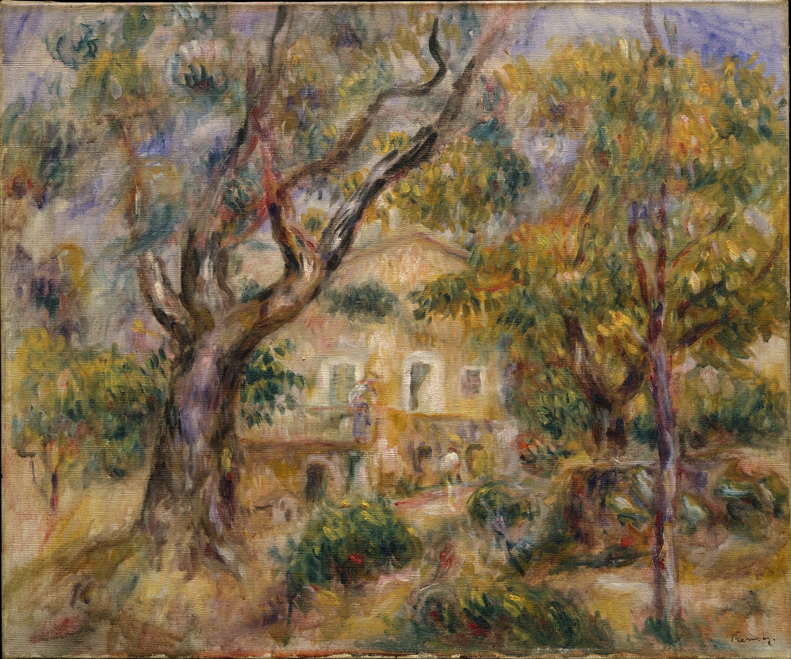 The Farm at Les Collettes, Cagnes, a farmhouse among olive trees with two large trunks in the foreground – hand-painted oil reproduction of Renoir’s painting