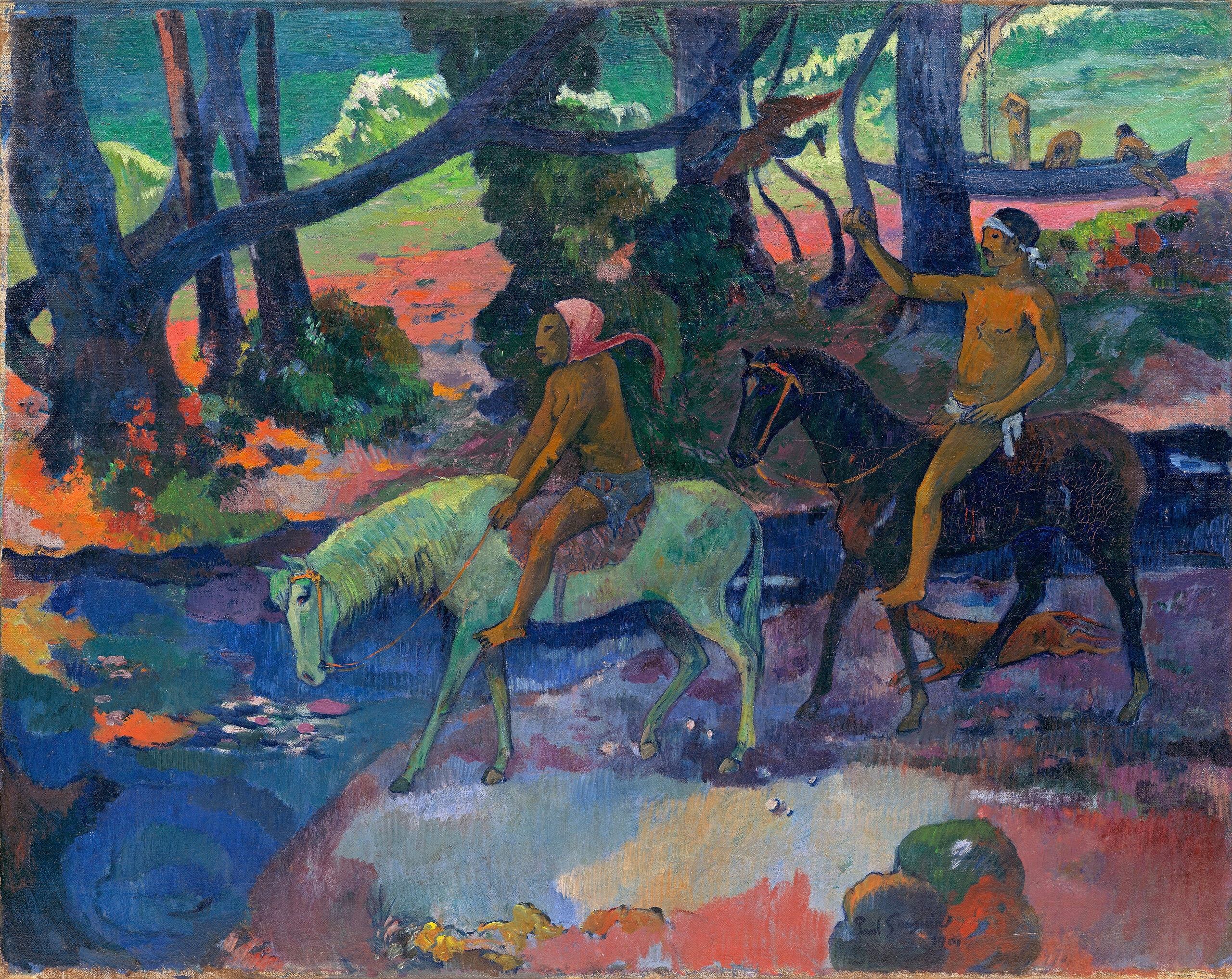 Paul Gauguin – Die Furt (Die Flucht), zwei Reiter in flachem Wasser, der nähere auf einem blassgrünen Pferd, der andere auf einem braunen, Ölgemälde