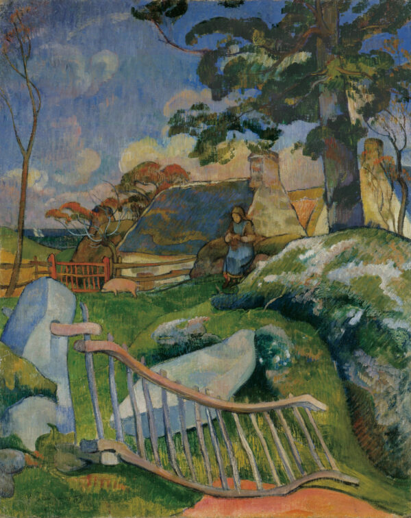 Paul Gauguin – Das Gittertor (La Barrière), ein hölzernes Gittertor vor einem grasigen Hang, Schweine und eine Frau in Tracht, handgemaltes Leinwandgemälde