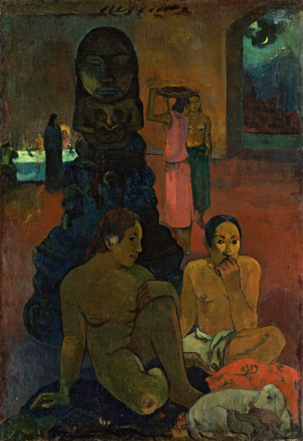 Paul Gauguin – Der große Buddha, eine große Statue in dunklem Raum, davor zwei sitzende Frauen, rechts ein Bogen mit dem Mond, Leinwandgemälde fürs Wohnzimmer