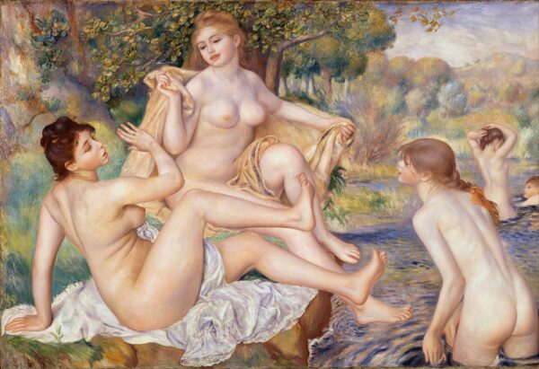 The Large Bathers, three nude figures on a river bank with a white cloth – hand-painted oil reproduction of Renoir’s painting
