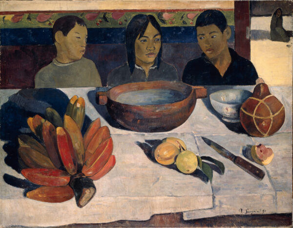 Paul Gauguin – Die Mahlzeit (Die Bananen), drei junge Menschen am Tisch, davor eine Schale, rote Bananen und helle Früchte, Gemälde auf Leinwand